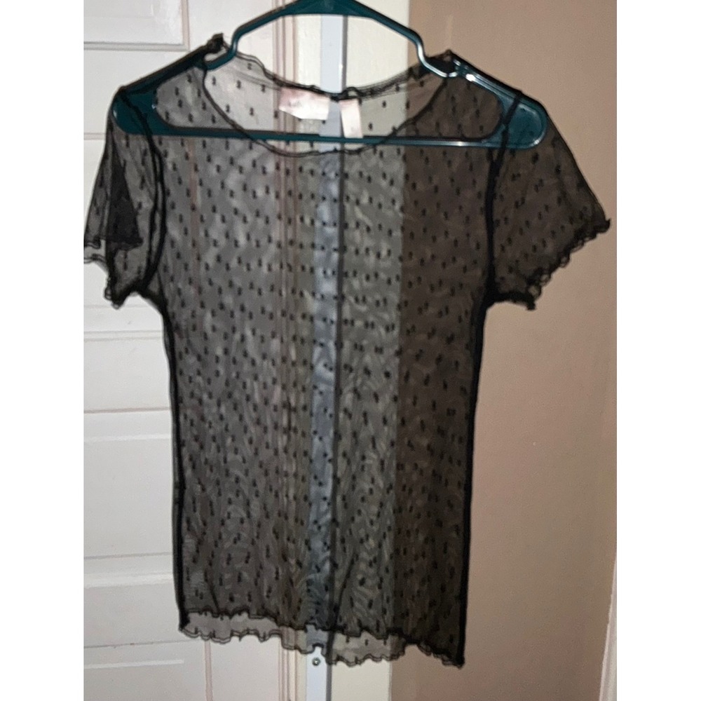 Willow Root Black Sheer Mesh Swiss Dot Top Lettuce Edge Short Sleeve Large